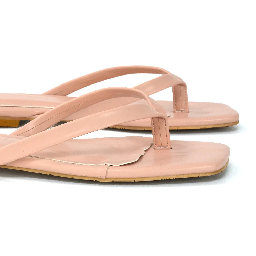 CODY FLAT SLIP ON SQUARE TOE THONG FLIP FLOP SANDAL SLIDES IN STONE SYNTHETIC LEATHER