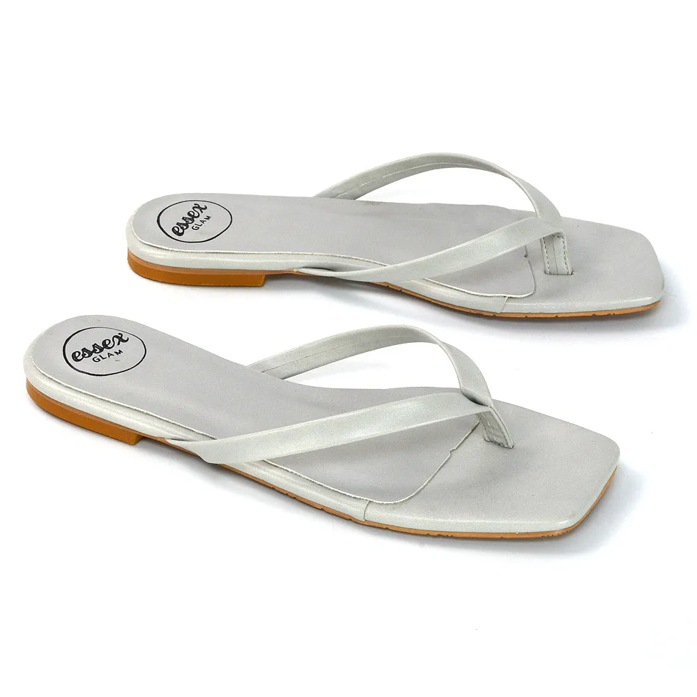 CODY FLAT SLIP ON SQUARE TOE THONG FLIP FLOP SANDAL SLIDES IN STONE SYNTHETIC LEATHER