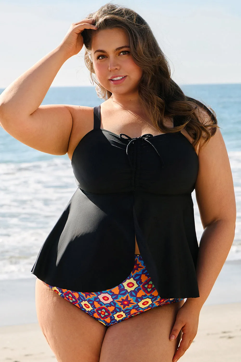 Drawstring Tied Front Flared Top Geometric Print Bottom Plus Size Tankinis