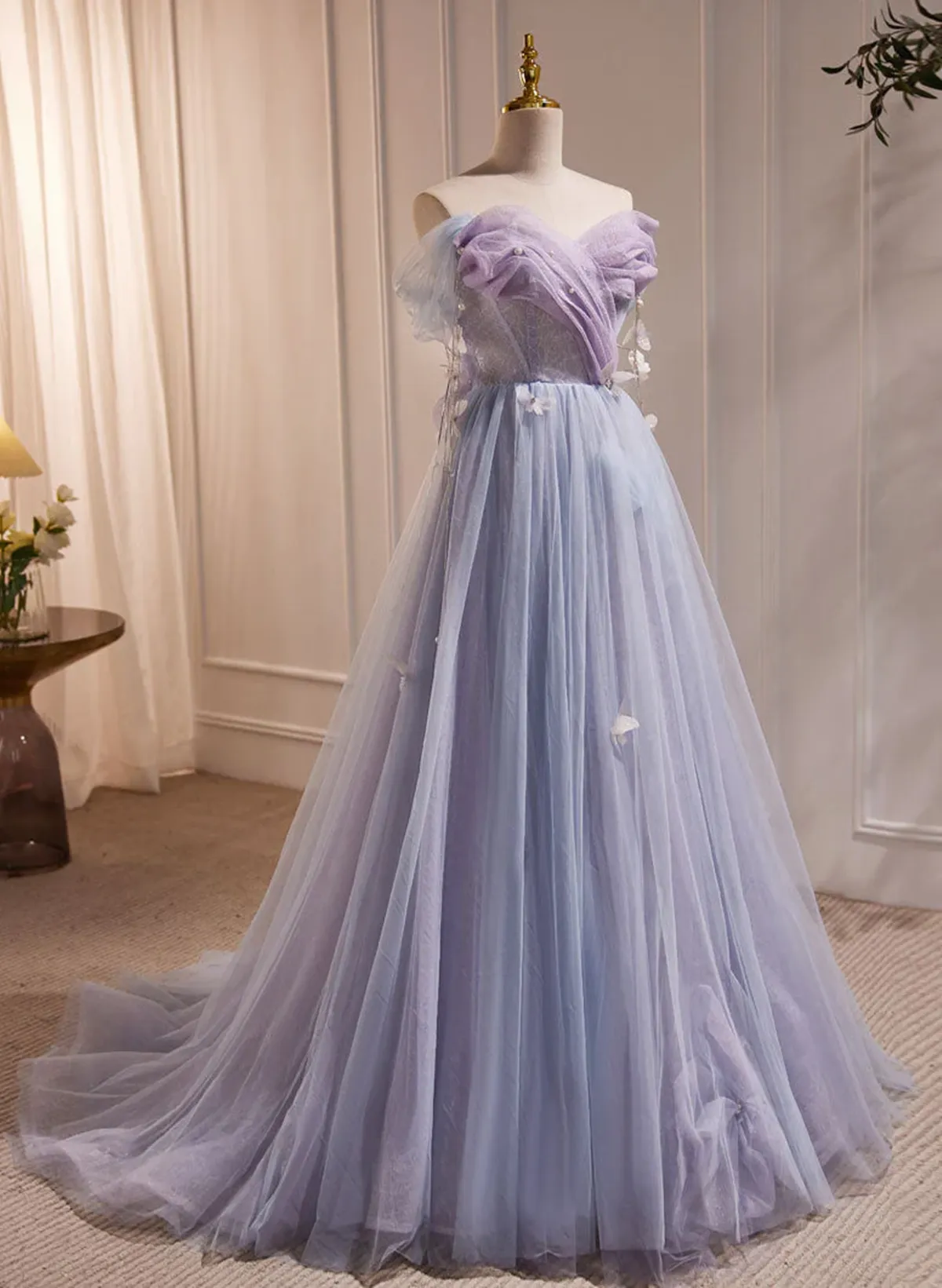 Solvbao Light Purple Beaded Off Shoulder Long Tulle Formal Dress, Light Purple Prom Dress
